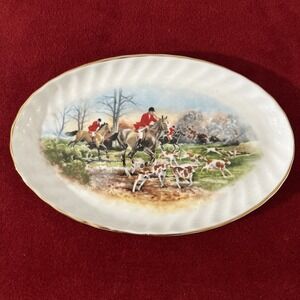 VINTAGE ROYAL VALE ENGLAND FINE CHINA 8.5" OVAL PLATE FOX HUNTING SCENE GOLD RIM